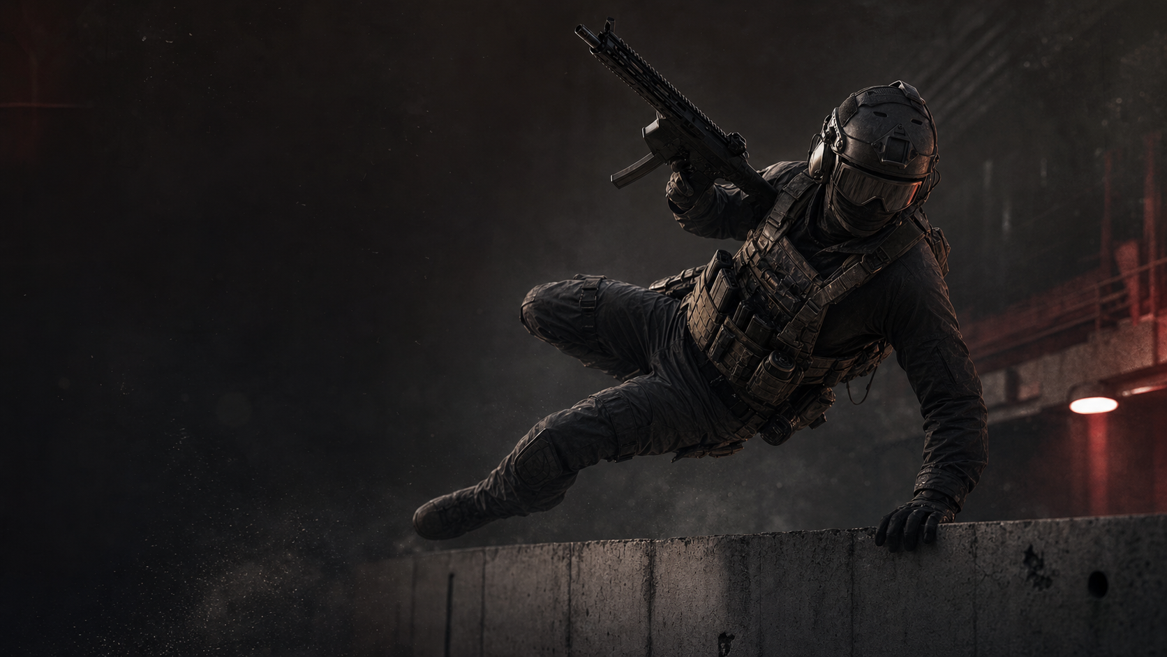 Operador de airsoft saltando un muro con réplica ligera para Pack Asalto
